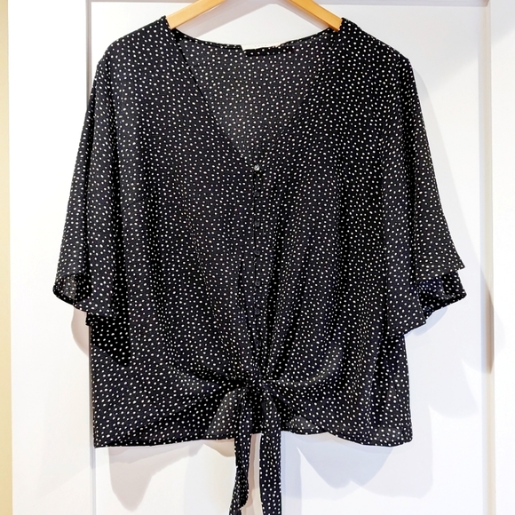 Lush Waist Tie Short Sleeve Polka Dot Blouse - Picture 1 of 4